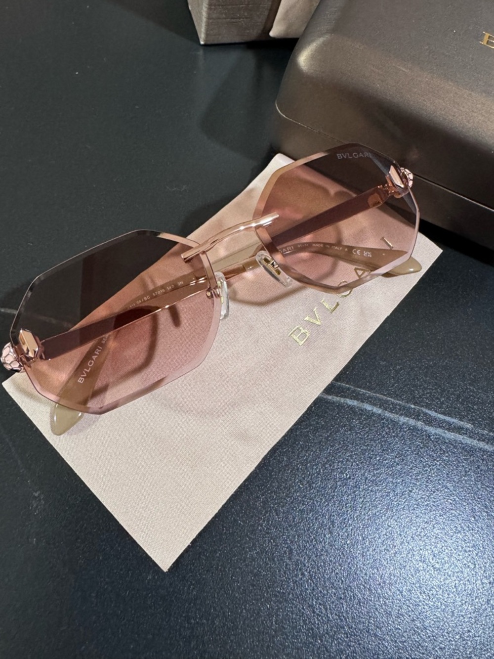 Bulgari Rose-Tint Octagonal Rimless Sunglasses